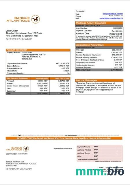 Mali Banque Atlantique Mali wyciąg z kredytu hipotecznego szablon Word i PDF